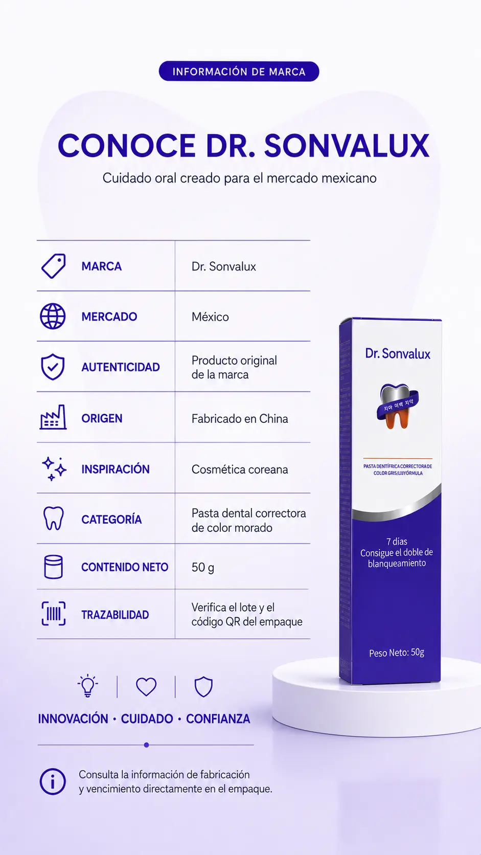 Información de marca y autenticidad de Dr. Sonvalux